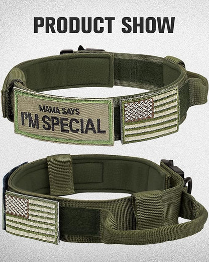 Joytale Tactical Dog Collar with Handle and Metal Buckle, Heavy Duty Padded Military Collar with 2 Patches for Training, Adjustable for XLarge Dogs, ArmyGreen, XL