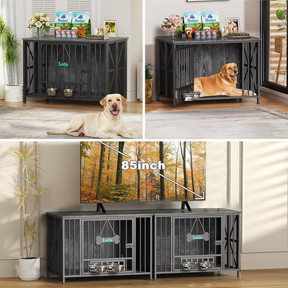 Easycom Foldable Large Dog Crate Furniture, 41.3" Assembly-Free Dog Crates for Large Dogs, Decorative Wooden Dog Kennel Indoor with Tag & Dog Bowls, Dog Cage Use as TV Stand, Dark Grey