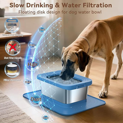 10L No Spill Dog Water Bowl, 2.6 Gal Stainless Steel No Splash Large Dog Water Bowl with Non-Slip Silicone Mat, Spill Proof Slow Drinking Pet Bowls for Messy Drinkers Indoor/Outdoor Use Blue