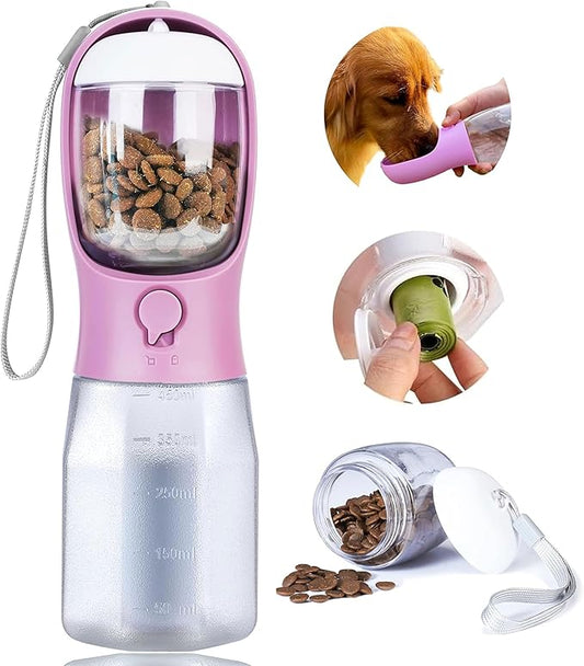 Dog Water Bottle with Food Container, Portable Pet Dog Water Dispenser for Outdoor Walking,Hiking,Travel,Puppy Essentials,Puppy Supplies,Replaceable Waste Bags