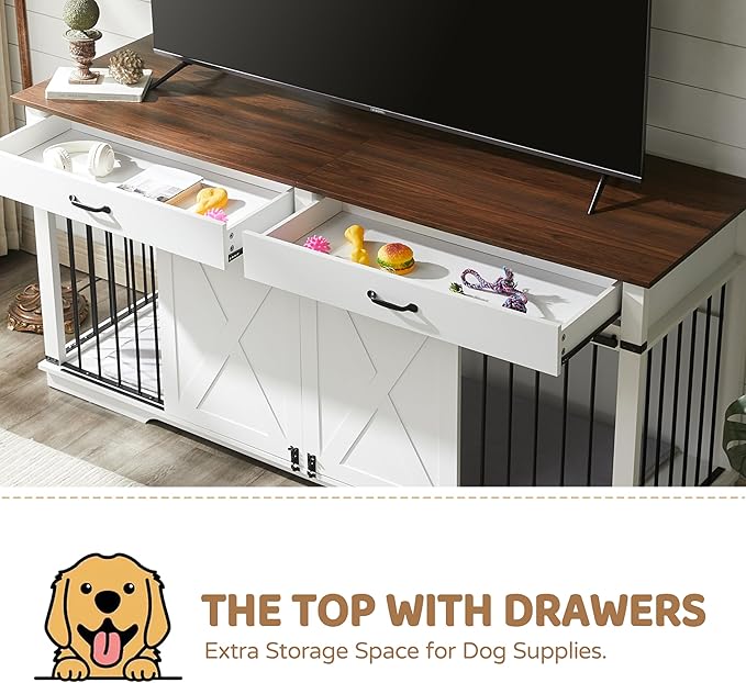 72.5" XXL Wooden Double Dog Crate Furniture for 2 Large Breeds, Farmhouse Barn Door, Removable Divider, Water Resistant with Built-in Drawers, Home Decor Pet Kennel, White