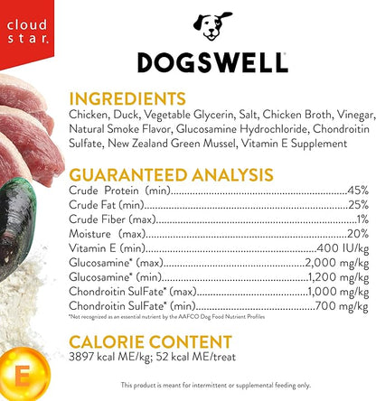 DOGSWELL Jerky Hip and Joint Dog Treats Grain Free Made in USA Only, Glucosamine and Chondroitin, 10 oz Duck (842194)