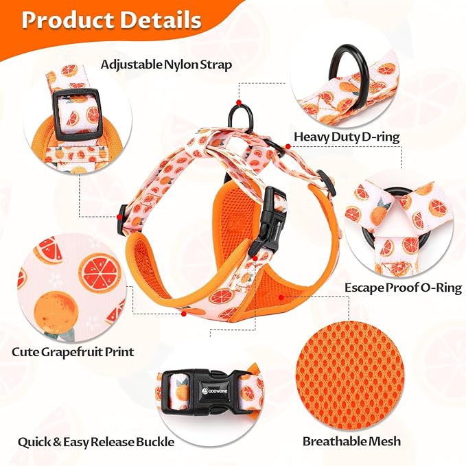 Dog Cat Harness and Leash Set, Puppia Soft Mesh Padded and Adjustable Puppy Vest Cute Dog Clothes Escape Proof Easy Walk Pet Accessories (Grapefruit, XS (Neck 9"-11"; Chest 11"-13"))