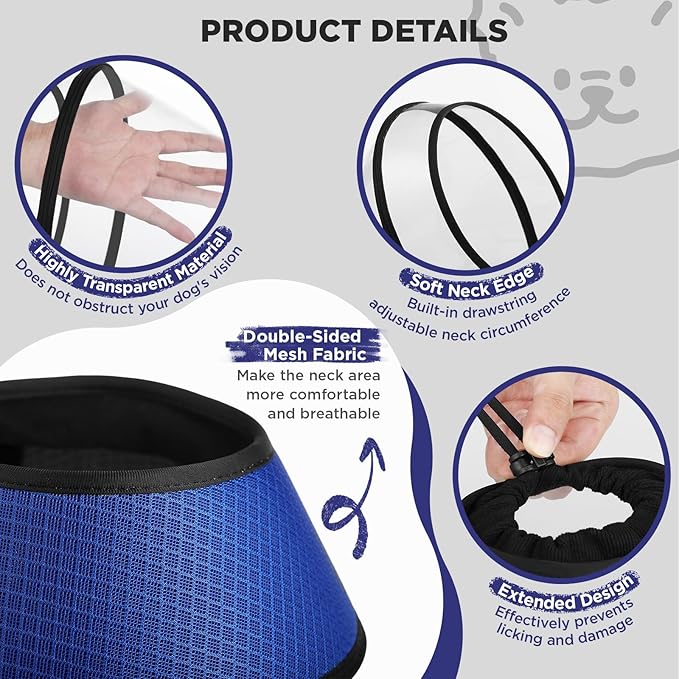 Soft Dog Cone for Dogs After Surgery,Transparent Breathable Dog Cone Collar for Small Large Medium Size Dog,Adjustable Depth Pet Recovery Collars,Elizabethan Collar for Dogs Stop Licking (Blue-XL)