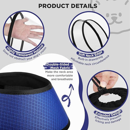 Soft Dog Cone for Dogs After Surgery,Transparent Breathable Dog Cone Collar for Small Large Medium Size Dog,Adjustable Depth Pet Recovery Collars,Elizabethan Collar for Dogs Stop Licking (Blue-M)
