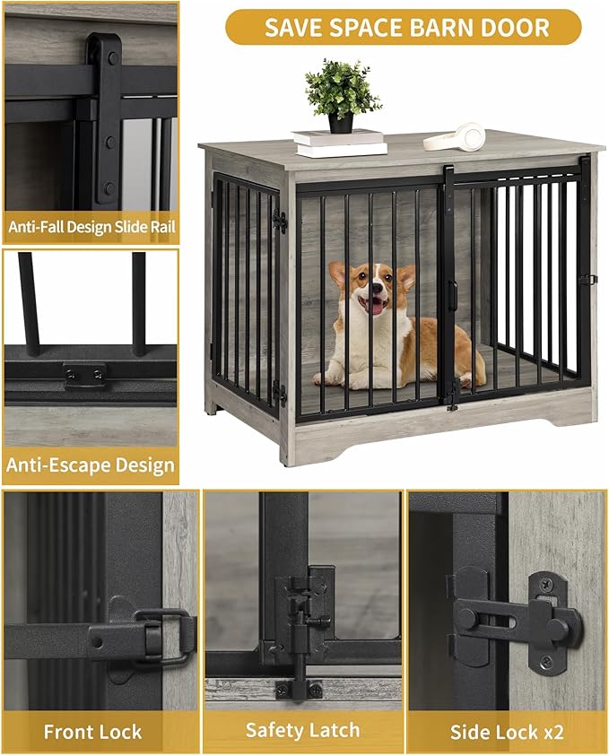 Hzuaneri 31.9" Dog Crate Furniture with Barn Door, Heavy Duty Dog Kennel Indoor with 2 Doors, Wooden Pet Cage End Table for Small Medium Dogs up to 44 lb, Anti-Chew Anti-Escape, Greige DFC83605B