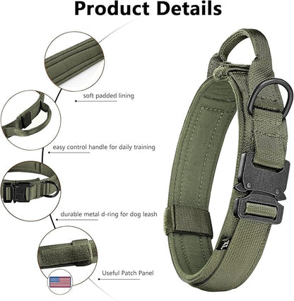 DAGANXI Tactical Dog Collar, Adjustable Military Training Nylon Dog Collar with Control Handle and Heavy Metal Buckle for Medium and Large Dogs, with Patches and Airtags Case (M, Green-Set)