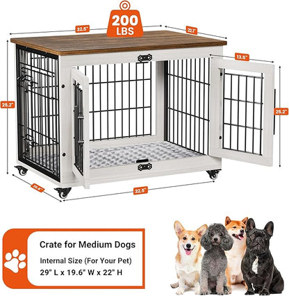 Lulive Dog Crate Furniture Set of 2, Dog Kennel Indoor Double Doors Wooden Dog Cage, 32'' Heavy Duty Dog Crate with Cushion & Wheels, End Table Pet House Chew-Resistant Up to 45 lb, White