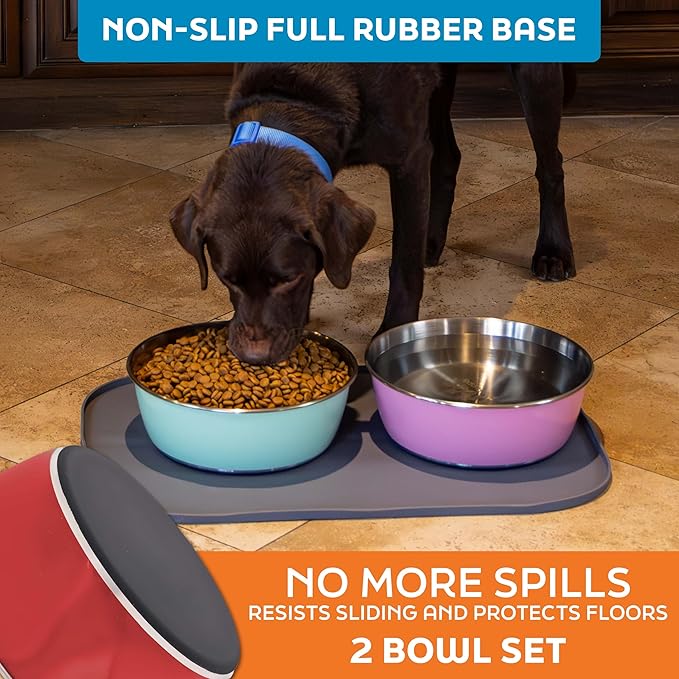 Master Pet Supply Stainless Steel Dog Bowls Set of 2 (64 Oz Each) with Non-Slip Rubber Base - Crimson Flame - Basic Dog Food Bowl Water & Food Bowls for Small Medium Large Dogs & Cats, Metal Dish