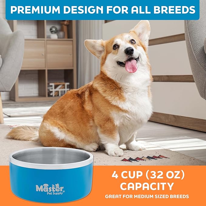Master Pet Supply Stainless Steel Dog Bowls - 32 oz, Heavy Duty - True Blue, Double Wall Extra-Thick Insulated, Non-Slip Pet Water Bowl for Dogs, Cats & Pets, Anti Rust Metal, Dish Washer Safe