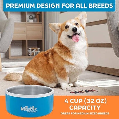 Master Pet Supply Stainless Steel Dog Bowls - 32 oz, Heavy Duty - True Blue, Double Wall Extra-Thick Insulated, Non-Slip Pet Water Bowl for Dogs, Cats & Pets, Anti Rust Metal, Dish Washer Safe
