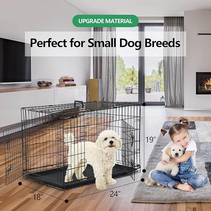 Dog Crate, 24/30/36/42/48 Inch Dog Crates for Small Medium Large Dogs Indoor, Folding Metal Dog Kennel Dog Cage with Double-Door, Divider Panel, Removable Tray, Locks and Handle, (24 Inch, Black)