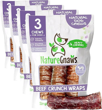 Nature Gnaws Beef Trachea Crunch Wraps for Dogs, 3 Count, Pack of 4 | Long Lasting | Natural Beef Jerky | Rawhide Free | Dog Chew Bones