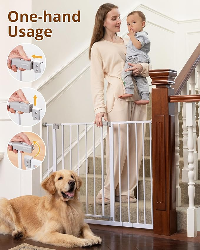 InnoTruth 28.9-42.1" Wide Baby Gate for Stairs & Doorways, 30" Tall Pressure Mounted Dog Gates for Stairs Expandable One-Hand Open, Easy Step Walk Through Dual Lock Metal Pet Gates for Dogs, White