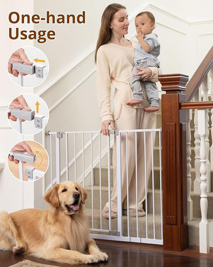 InnoTruth 28.9-42.1" Wide Baby Gate for Stairs & Doorways, 30" Tall Pressure Mounted Dog Gates for Stairs Expandable One-Hand Open, Easy Step Walk Through Dual Lock Metal Pet Gates for Dogs, White