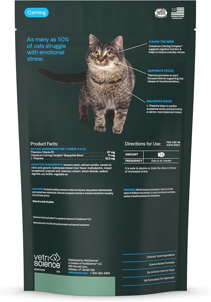 VetriScience Calm & Confident Chews, Composure Calming and Anxiety Supplement for Cats, Reduce Stress and Fear, Ideal for Travel, Vet, Grooming and Routine Changes, Chicken, 30 Count