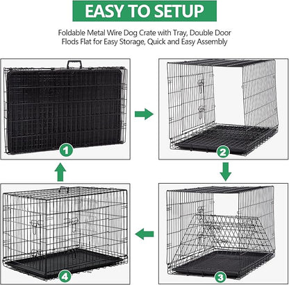 Dog Crate, 24/30/36/42/48 Inch Dog Crates for Small Medium Large Dogs Indoor, Folding Metal Dog Kennel Dog Cage with Double-Door, Divider Panel, Removable Tray, Locks and Handle, (42 Inch, Black)