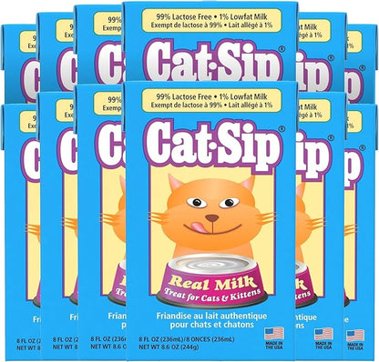 Pet-Ag Cat-Sip Real Milk Treat - 8 oz, 12 Pack - Ready-to-Feed Snack for Cats & Kittens - Easy to Digest with 99% Lactose-Free, Low-Fat Grade A Milk - Encourages Hydration - Promotes Eye, Heart Health