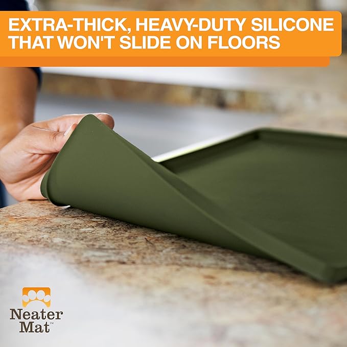 Neater Pet Brands Neater Mat Pet Mats for Food and Water, Cat & Dog Bowl Mat Waterproof Silicone, Feeding Tray, Dog Food Mats for Floors, Placemat w/Raised Edge for Under Bowls, 16” x 10”, Olive