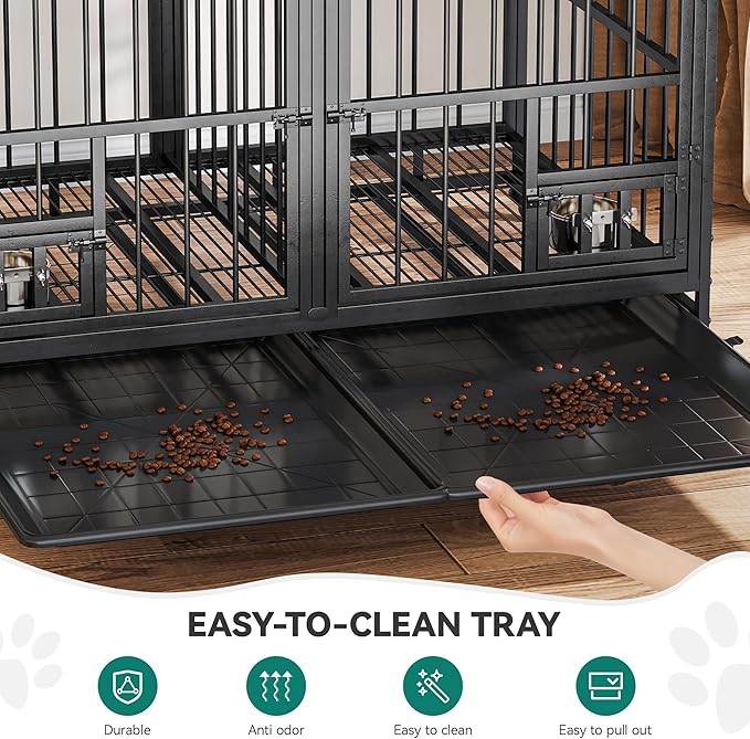 YITAHOME 37.5'' Heavy Duty Dog Crate with Removable Divider, Double Doors & Locks Design, Furniture Style Large Dog Crate with 360° Rotatable Dog Bowls & 360° Wheels & 2 Trays for Small Dog