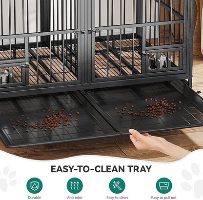 YITAHOME 37.5'' Heavy Duty Dog Crate with Removable Divider, Double Doors & Locks Design, Furniture Style Large Dog Crate with 360° Rotatable Dog Bowls & 360° Wheels & 2 Trays for Small Dog
