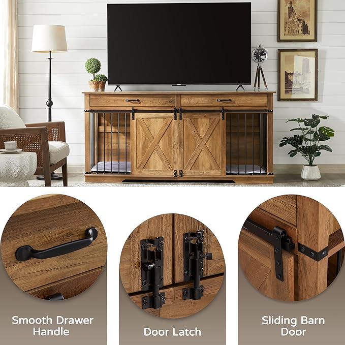 72.5" XXL Wooden Double Dog Crate Furniture for 2 Large Breeds, Farmhouse Barn Door, Removable Divider, Water Resistant with Built-in Drawers, Home Decor Pet Kennel, Rustic Oak