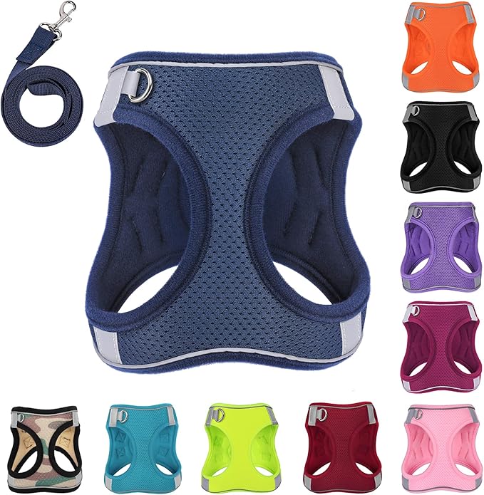 Dog Harness with Leash Set, No-Pull Step-in Reflective Pet Harness with 1 Leash Clips, Adjustable Soft Padded Easy Walk Dog Vest for Small Medium Large Dogs, Cats(Dark Blue, XXXSmall)