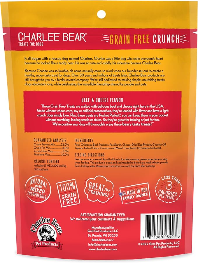 Charlee Bear Crunch Grain Free Dog Treats, Beef and Cheese, 8 Ounce Resealable Bag, Low Calorie Training Treats for Dogs, Limited Ingredient, Healthy, Crunchy Dog Snacks, Made in USA