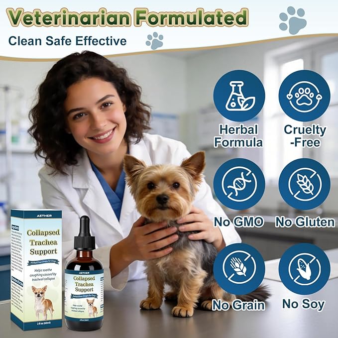 Collapsed Trachea Support for Dogs, Support Tracheal & Respiratory Health, Trachea Cough Elixir, Airway & Throat Comfort Drops for Small Breeds, Dogs Dry Hacking Cough Relief, Herbal Formula 2 fl oz