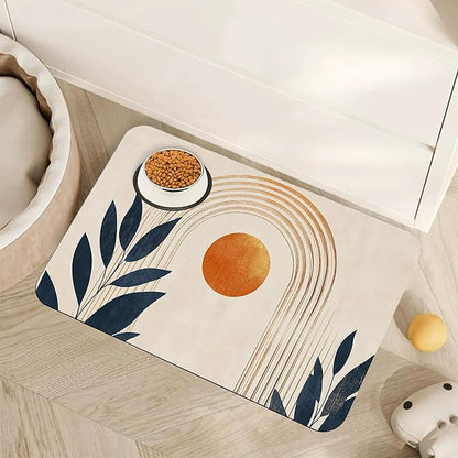 Sun Boho Leaf Dog Cat Food Mat,Absorbent Pet Feeding Mat for Food and Water,Non-Slip Dog Bowl Mats Floor Protector 16"x24"