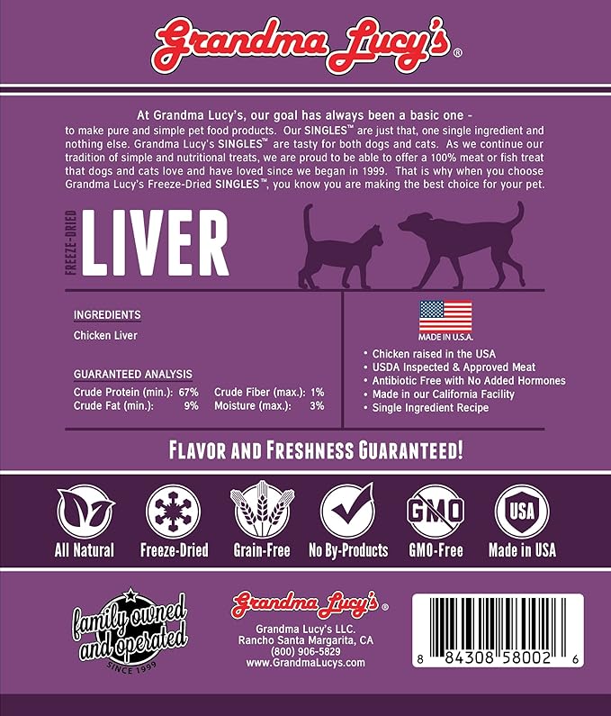 Grandma Lucy’s Singles Pet Treat, Freeze-Dried Single Ingredient Treats for Dogs and Cats - Liver, 2.5 oz