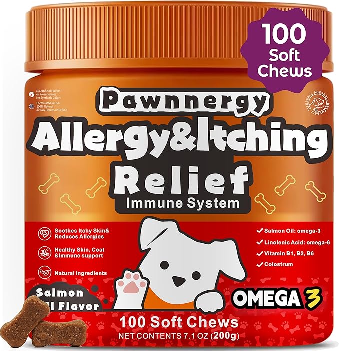 Dog Allergy & Itch Relief Chews - Salmon Oil Omega-3, Omega-6, Vitamin B1/B2/B6, Colostrum Probiotics Supplement for Seasonal Allergy, Hot Spots, Paw Licking, Scratching, 100 Soft Chews