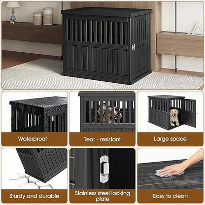 Bifanuo 40-Inch Dog Crate Furniture, Heavy Duty Dog Crate for Large and Medium Dog, Lockable Indoor Outdoor Dog Kennel & End Table, Decorative Plastic Pet Cage (Black)