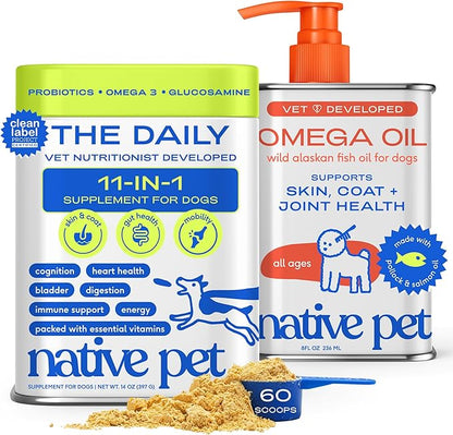 Native Pet Daily Wellness Bundle - Dog Vitamins and Supplements & Omega 3 Fish Oil Wild Alaskan Salmon Fish Oil for Dogs - 11-in-1 Multivitamin Powder Supports Joints, Gut, Skin, Coat & Heart Health