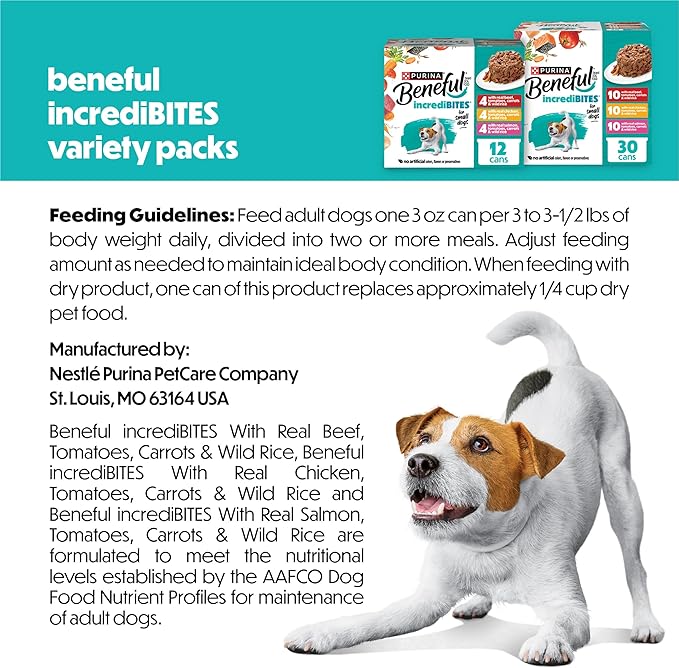 Beneful Purina Small Breed Wet Dog Food Variety Pack, IncrediBites With Real Beef, Chicken and Salmon - (Pack of 30) 3 Oz. Cans