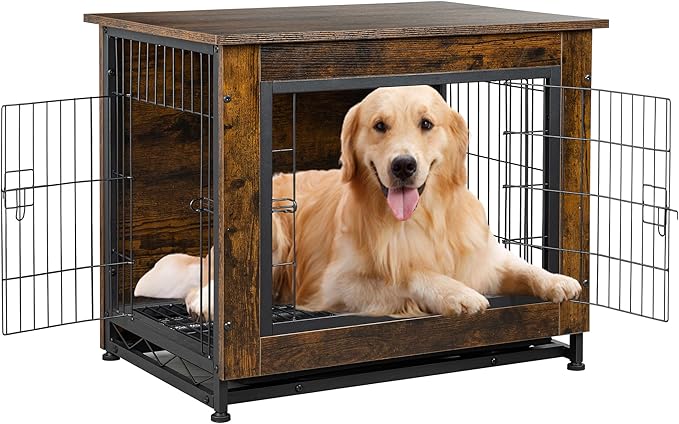 Shintenchi Wooden Dog Crate Furniture for Large Breed, L Double-Door Kennel Indoor with Removable Tray, End Table L Dog Crate for Decoration, 44.1" L, Brown