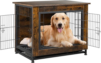 Shintenchi Wooden Dog Crate Furniture for Large Breed, L Double-Door Kennel Indoor with Removable Tray, End Table L Dog Crate for Decoration, 44.1" L, Brown