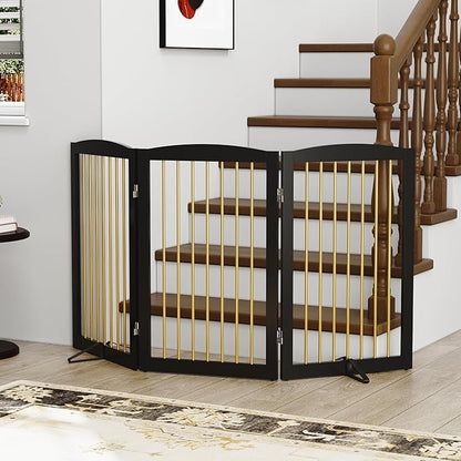 PUPETPO Freestanding Pet Gate for Dogs, Foldable Wooden Dog Gate for House Indoor, Step Over Pet Puppy Safety Fence for Stair, Doorway,Hall, Support Feet Included,3 Panels 32",Black&Gold