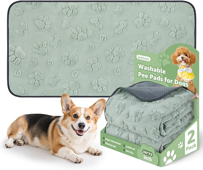 LOOBANI Washable Pee Pads for Dogs: 2 Pack Super Absorbent Reusable Puppy Pads, Leakproof and Waterproof Dog Training Pads Whelping Pads for Hallway Runner, Floor, Crate, Couch and Travel, 36"x72"