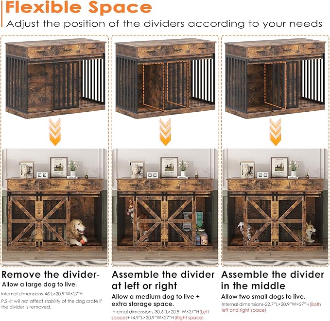 Saudism Dog Crate Furniture for Large Dog or 2 Small Dogs, Wooden Large Dog Kennel with 3 Storage Drawers and 2 Sliding Doors, Decorative Dog Cage TV Stand with Removable Divider, Classic Brown
