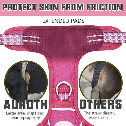 Auroth Tactical Dog Harness for Large Dogs No Pull Adjustable Pet Harness Reflective K9 Working Training Easy Control Pet Vest Military Service Dog Harnesses Rose Red L