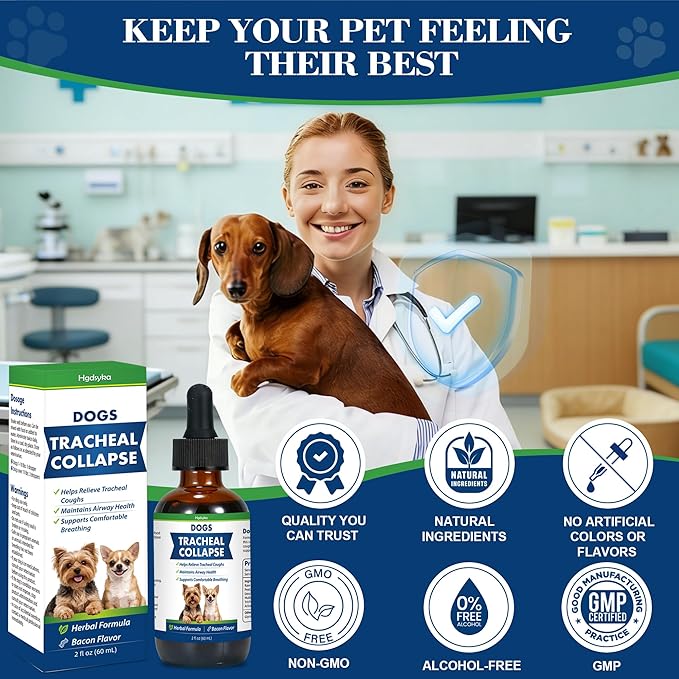 Dog Tracheal Collapse, Collapsed Trachea Treatment for Dogs, Herbal Liquid Drops Relief Cough & Helps Promote Easier Breathing, Natural Respiratory Support Airway Comfort, Bacon Flavor - 2 FL OZ