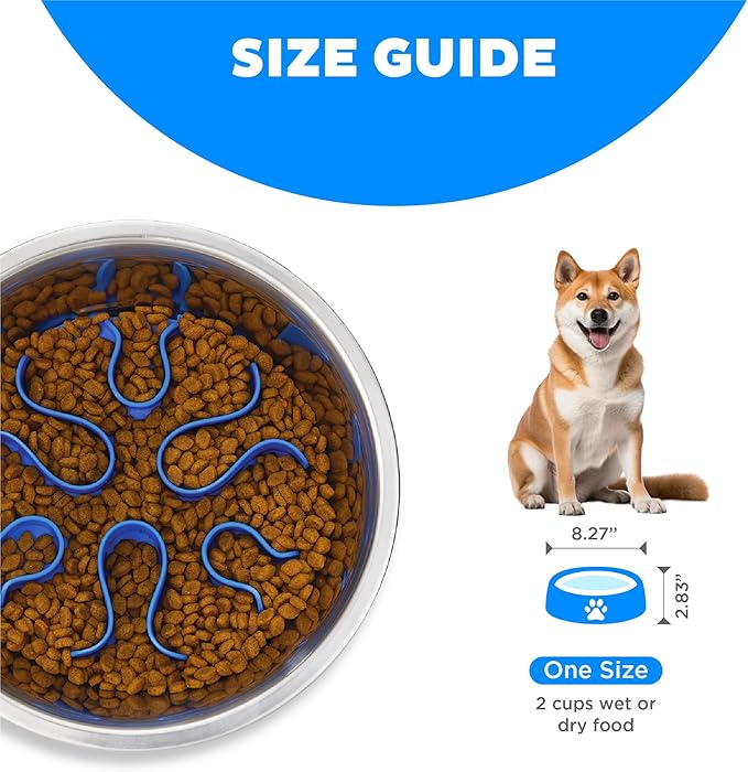 Outward Hound Fun Feeder Stainless-Steel Slo Bowl for Dogs – Medium 2‑Cup Capacity, Slow Feeding, Removable Puzzle Maze, Non-Slip, Fits Raised Feeding Platforms