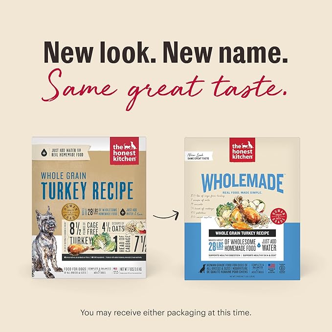 The Honest Kitchen Human Grade Wholemade™ Dehydrated Dog Food, Whole Grain Turkey Dog Food, 4 lb (Makes 16lbs)