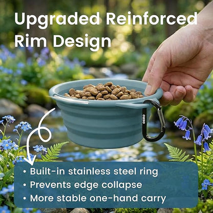 OHMO Collapsible Dog Water Bowls w/Built-in Stainless Steel Ring – 2pcs Small 12oz/400ml Portable Silicone Pet Feeding Bowl for Hiking, Camping, Travel