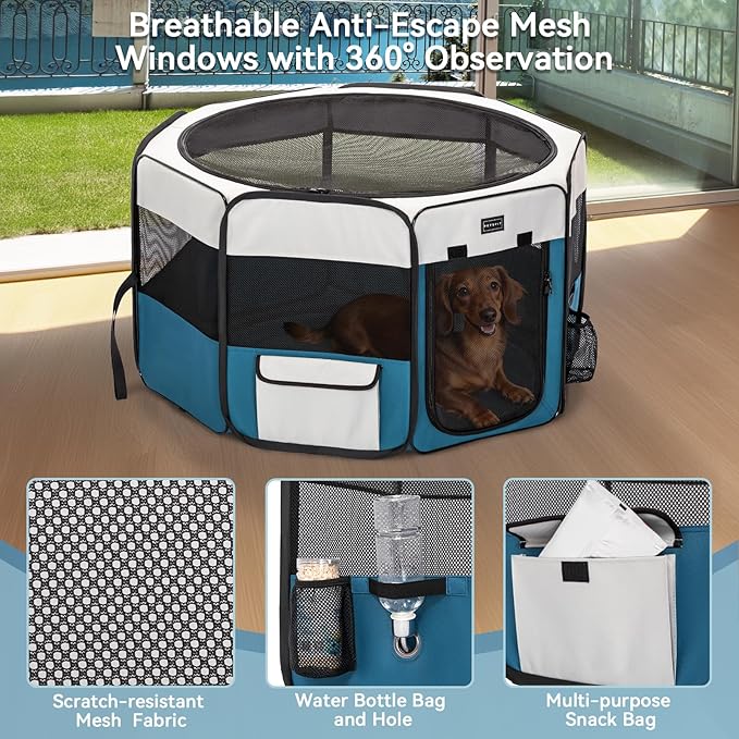 PETSFIT Portable Dog Playpen,36" Dog Play Pen Indoors with Removable Waterproof Mat & Zippered Roof | RV, Camping, Travel Dog Pen | Whelping & Cat Observation Space(36" L x 36" W x 21" H)