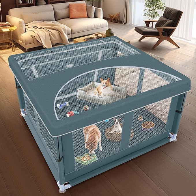 XVISHX 42x42 Inch Puppy Playpen with Cover, Dog Playpen for Puppies or Small Dogs, Pet Playpen for Indoor & Outdoor, Sturdy DogPen with Thickened Fabric, High-Strength Nylon Wire Mesh, Bluish Green