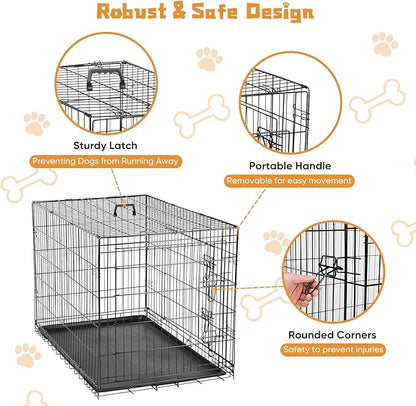 DUMOS Dog Crate, 42 Inch Large Double Door Dog Cage with Plastic Leak-Proof Pan Tray, Folding Metal Wire Pet Kennel for Indoor, Outdoor, Travel