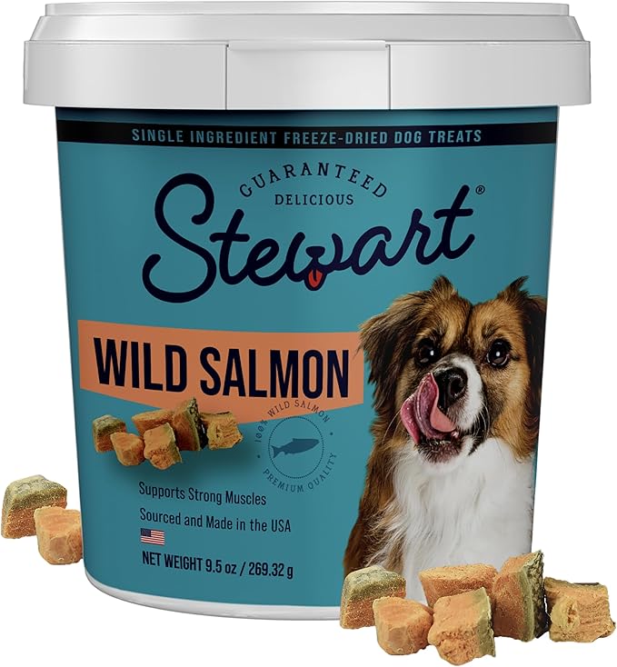 Stewart 100% Wild Salmon Dog Treats, 9.5 oz Tub, ~190 Pieces, Freeze Dried Raw, Single Ingredient, 65% Protein Training Treats or Meal Topper, Grain Free, Gluten Free