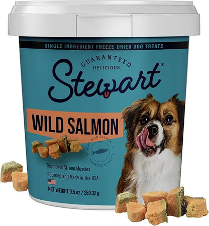 Stewart 100% Wild Salmon Dog Treats, 9.5 oz Tub, ~190 Pieces, Freeze Dried Raw, Single Ingredient, 65% Protein Training Treats or Meal Topper, Grain Free, Gluten Free